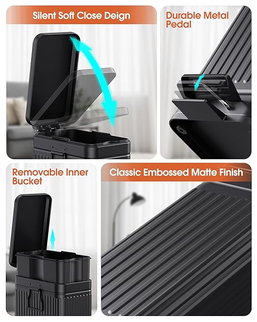 Small Trash Can with Lid Soft Close-6L/1.6 Gal Stainless Steel Outdoor Dog Poop Garbage Can-Metal Waste Bins with Pedal for Bathroom Bedroom Office-Black