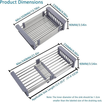 Sink Dish Drying Rack, Stainless Steel Drainer for 12.5"-20.5" Sinks, Kitchen Countertop Organizer for Dishes, Vegetables, and Fruits (Grey & Large Size)
