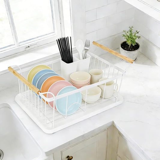 Dish Racks for Kitchen Counter, Thickened Metal Dish Drying Rack with Wooden Handles, Kitchen Countertop Organizer for Dishes, Spoons and Forks, No Assembly, White, 18.7''*12.6''*5.51''