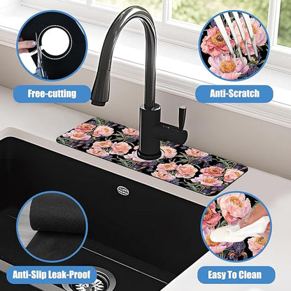 Sink Splash Guard Faucet Mat Peony and Iris Flowers Absorbent Fast Drying Mat Sink Gadgets Splash Guard Behind Faucet Drip Catcher for Kitchen Bathroom 15.5"X5.5"