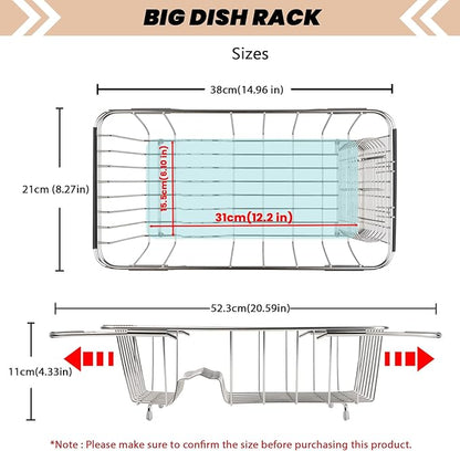 Sink Dish Drainer Rack, Expandable 304 Stainless Steel Dish Drying Rack Organizer with Stainless Steel Utensil Rack, Adjustable 14.96" to 20.59" Inside The Sink (up to 7 Upright Utensils).