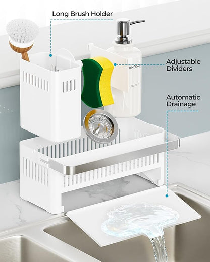 Nieifi Sponge Holder for Kitchen Sink, Sink Caddy with Towel Rack, Dish Sponge Holder, Brush Holder for Kitchen Sink Organizer Storage, White
