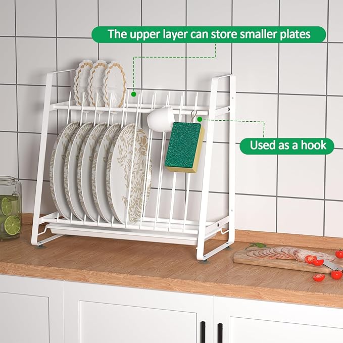 Dish Drying Rack with Drainboard, 11 Slots Upright 2-Tier Plate Organizer, Countertop/Wall-Mounted Kitchen Dish Holder