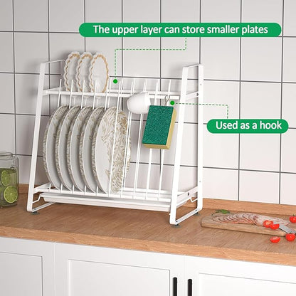 Dish Drying Rack with Drainboard, 11 Slots Upright 2-Tier Plate Organizer, Countertop/Wall-Mounted Kitchen Dish Holder