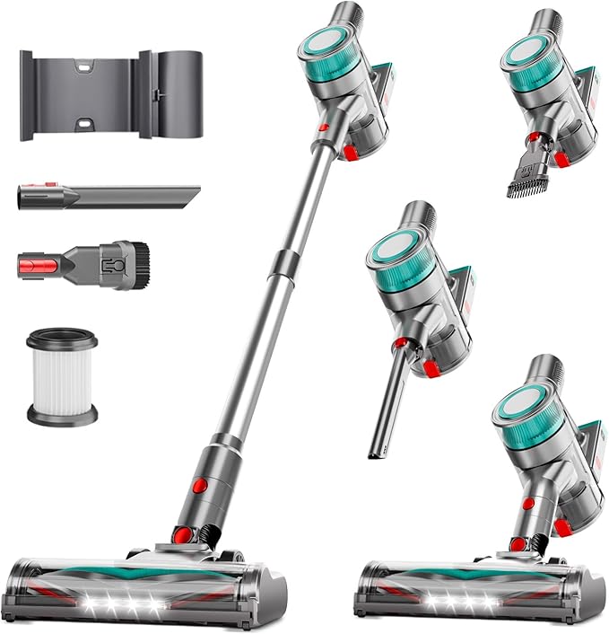 Cordless Vacuum Cleaner, Powerful Stick Vacuum Cleaner for Home with Rechargeable Battery, 6-in-1 Lightweight Handheld Vacuum, 45 Mins Runtime for Hardfloor & Carpets Pet Hair (Green)