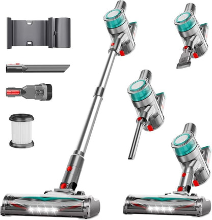 Cordless Vacuum Cleaner, Powerful Stick Vacuum Cleaner for Home with Rechargeable Battery, 6-in-1 Lightweight Handheld Vacuum, 45 Mins Runtime for Hardfloor & Carpets Pet Hair (Green)