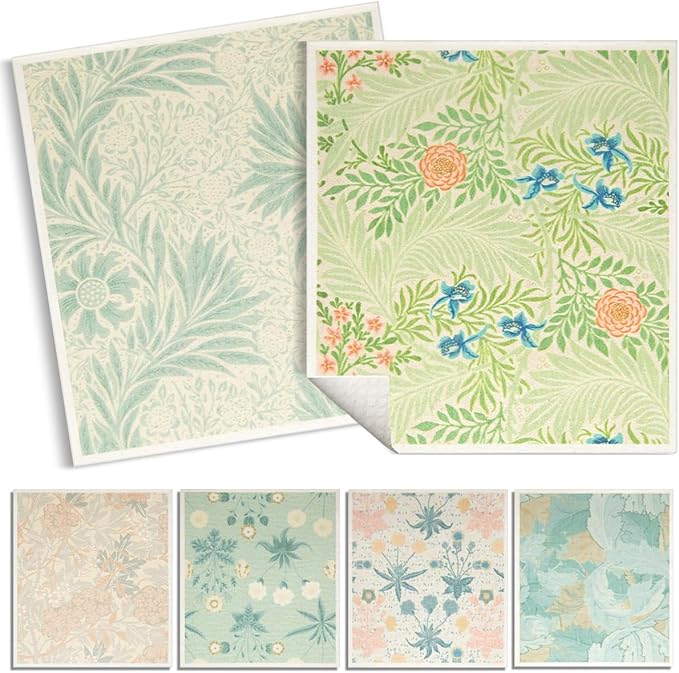 6 - Pack Swedish Kitchen Dish Cloths - Reusable Paper Towels for Counters & Dishes - Eco Friendly Cellulose Sponge Cloth (Flower Pattern)