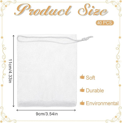 40 PCS Mesh Soap Bags, Exfoliating Soap Pouch with Drawstring, Bubble Mesh Net Bags Soaps Bag for Shower and Face Cleansing, White
