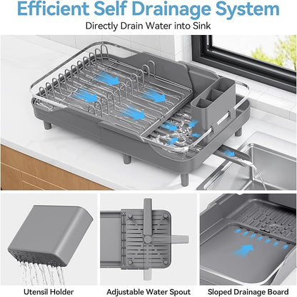 Urackify Expandable Dish Rack for Kitchen Counter, 16.14"-23.62" Large Stainless Steel Dish Drying Rack with Adjustable Water Spout, Space Saving Dish Drainer with Auto Draining Cutlery Holder,Grey