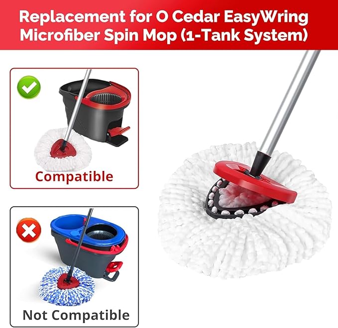 O-Cedar Spin Mop Head, Base, Handle Replacement for EasyWring 1 Tank System, 4 Microfiber Mop Refills, 1 Base and 30-58in Handle Set Combo, White
