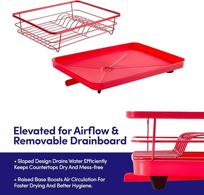 Dish Drying Rack 3 Piece Dish Drainer with Drainboard Set for Kitchen Counter ✅– Dish Rack with Removable Utensil Holder & Swivel Spout for Countertop ✅– DishRack for Plates, Cups & Organization, Red