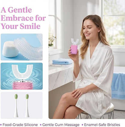 Sonic Electric U Shaped Toothbrush for Adults, Automatic Full Mouth Cleaning Toothbrush, 360° Stain Removal, IPX7 Waterproof Rechargeable, 3 U-Shape & 2 Straight Brush Heads (Pink-Cup)