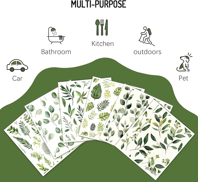 Swedish Dishcloths Reusable Paper Towels 6 Pack, Super Absorbent Washable Kitchen Towels, Biodegradable Quick Drying Dishwasher Safe, Watercolor Design Cleaning Cloths for Any Surface(Green Grass) ﻿