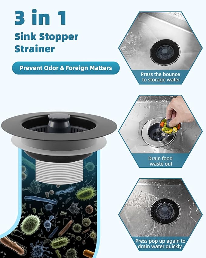 Universal 3 in 1 Kitchen Sink Drain Strainer Stopper Combo, 2PCS Matteblack Stainless Steel Shell Pop Up Sink Stopper for US Standard 3-1/2 inch Drain Filter, Anti-clog and Easy Clean