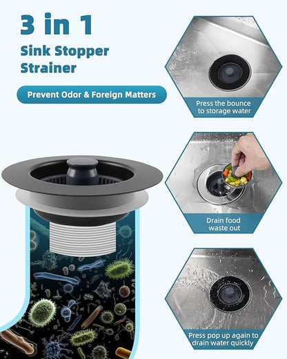 Universal 3 in 1 Kitchen Sink Drain Strainer Stopper Combo, 2PCS Matteblack Stainless Steel Shell Pop Up Sink Stopper for US Standard 3-1/2 inch Drain Filter, Anti-clog and Easy Clean