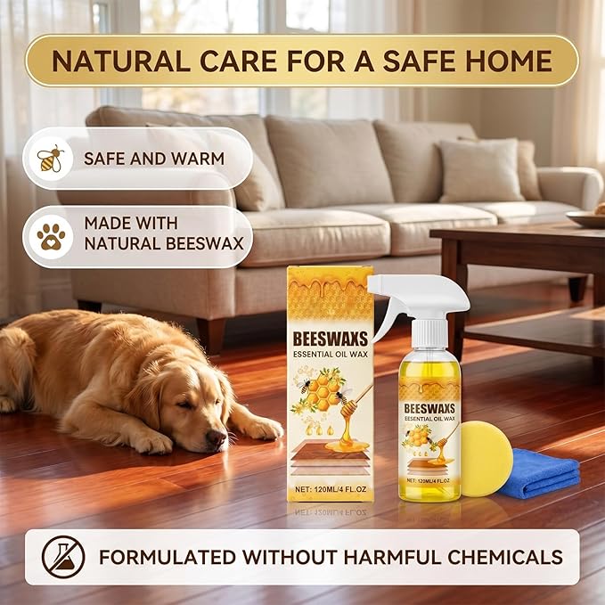 Beeswax Wood Polish Spray, Beeswax Essential Oil Wax, 2026 Upgrade Bees wax Furniture Polish and Cleaner with Sponge and Towel, Natural BeeswaxCleaner for Furniture Floors Cabinets (1Pcs)