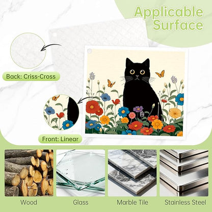 Black Cat Floral Flower Swedish Dishcloths for Kitchen, 5 Pack Reusable Paper Towels with 3 Hooks, Washable Dish Cloth Set, Absorbent Cleaning Cloth for Washing Housewarming Gifts for Friend