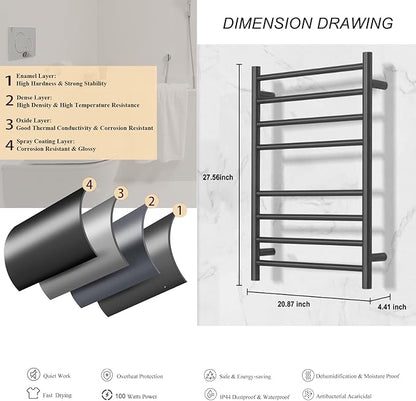 (1 Pack Yariwiz) Electric Towel Warmer for Bathroom Wall Mounted Drying Rack Plug-in Electric Heated Towel Rack Stainless Steel Round 8 Bars Bath Towel Heater Black