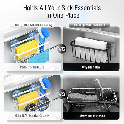 3-in-1 Kitchen Sink Caddy Organizer with Sponge Holder, Brush Holder, Extra Rack for Scrubber, Sink Stopper, Dish Cloth Hanger - Strong Dual Suction Cup, 2.0mm SUS304 Stainless Steel - White