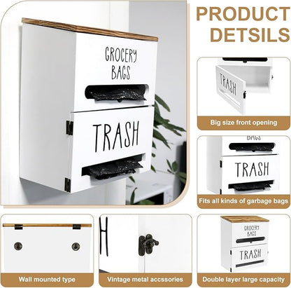 2 in 1 Trash Bag Dispenser, Double Wall Mounted,Wood Trash Bag Holder, used in kitchen, garage, laundry room, can store Environmentally friendly food bags and garbage bags (White)
