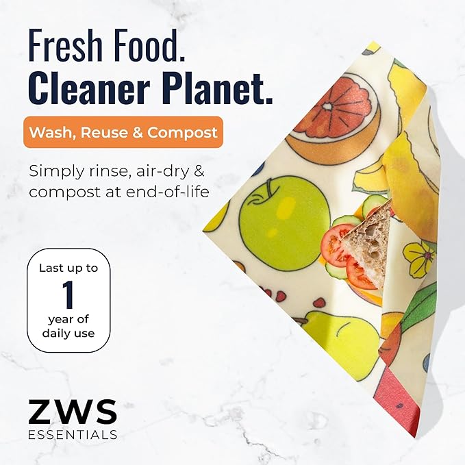 Beeswax Wraps, Reusable Cotton Food Storage Set for Kitchen, Lunch, Bread, Snacks, Bowls. Eco-Friendly Plastic-Free Alternative. 3-Pack Assorted - Fruits by Zero Waste Store