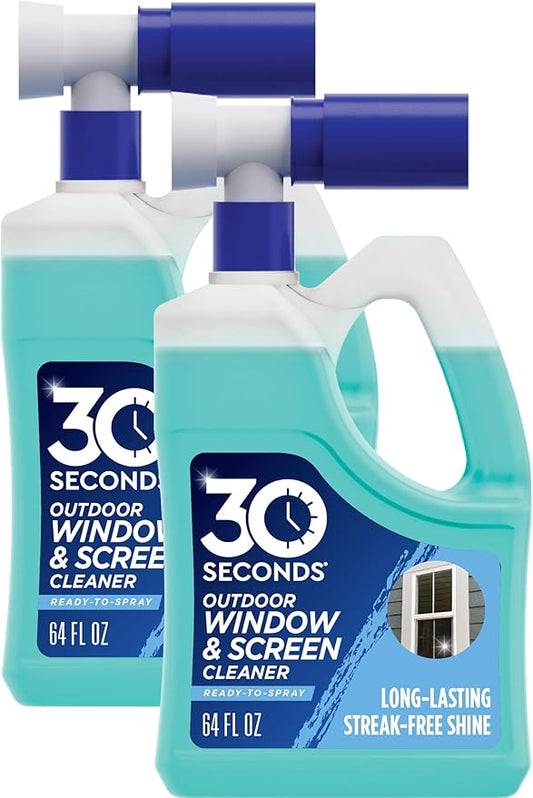 30 SECONDS Outdoor Window & Screen Concentrated Cleaner for Glass, Patio Doors, Fiberglass, Furniture - No Screen Removal Required, Spray & Rinse - Hose End Spray Attachment (2 PACK)