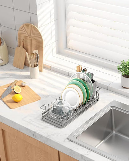 Kitsure Dish Drying Rack - Expandable Dish Rack for Kitchen Counter, Over Sink Or in Sink, Space-Saving Plates Dryer with Cutlery Holder & Drip Tray, 14.0"-20.9" L x 6.3" W x 8.0" H, Grey