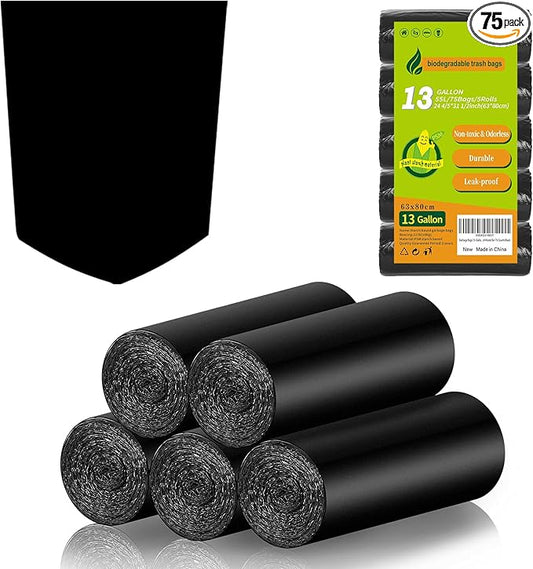 13 Gallon Biodegradable Tall-Kitchen Trash Bags - Black Garbage Bags Large Compostable Unscented 75 Count Recycling Strong Thick Office Waste Basket Liners Bulk Inwaysin