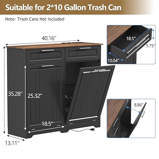 Double 10 Gallon Tilt Out Trash Can Cabinet with Deodorizing Function and Power Outlet, Wooden Hidden Garbage Can Holder with 2 Storage Drawers for Kitchen, Laundry Hamper Cabinet for Bathroom, Black