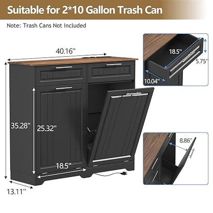 Double 10 Gallon Tilt Out Trash Can Cabinet with Deodorizing Function and Power Outlet, Wooden Hidden Garbage Can Holder with 2 Storage Drawers for Kitchen, Laundry Hamper Cabinet for Bathroom, Black