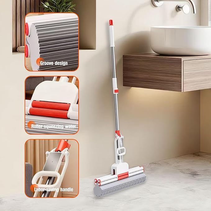 PVA Sponge Mop with Extra 13-inch Replacement Heads, Double-Row Roller Wringing Mop, Stainless Steel Super Absorbent Floor MSuitable for Tile and Solid Wood Floors