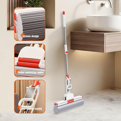 PVA Sponge Mop with Extra 13-inch Replacement Heads, Double-Row Roller Wringing Mop, Stainless Steel Super Absorbent Floor MSuitable for Tile and Solid Wood Floors