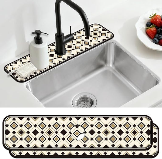 2 Pcs Minimalist Style Kitchen Sink Splash Guard Faucet Mat Black and Gold European-Style Plaid Pattern Faucet Mat for Sinks Absorbing Drying Mats for Kitchen Bathroom, 23.6x5.5inch