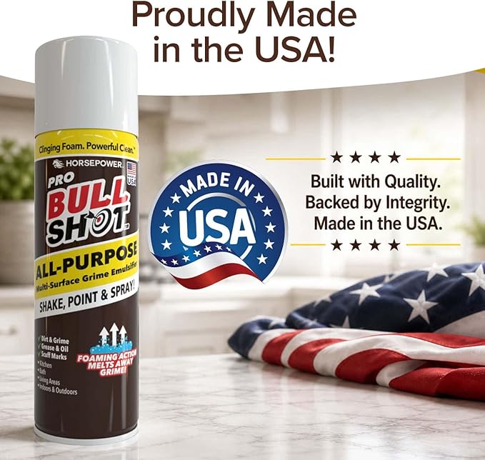 Bull Shot All-Purpose, Multi-Surface Grime Emulsifier, AS SEEN ON TV, Professional Strength Clinging Foam Cleaner; Grease, Oil, Scuff Marks, Dirt, Non-Abrasive, Kitchen, Bath, Living Areas & Outdoors
