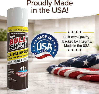 Bull Shot All-Purpose, Multi-Surface Grime Emulsifier, AS SEEN ON TV, Professional Strength Clinging Foam Cleaner; Grease, Oil, Scuff Marks, Dirt, Non-Abrasive, Kitchen, Bath, Living Areas & Outdoors
