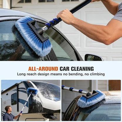 12FT Car Wash Brush with Long Handle - Car Cleaning Kit with 8 Attachments, 180° Rotating Mop, Foldable Bucket, Scratch-Free Soft & Hard Brushes for Cars, Trucks, SUV, RV, Home Windows & Siding