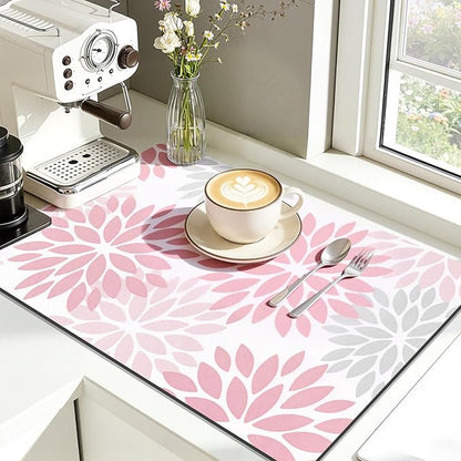 Findosom Floral Dish Drying Mat, 12" x 20" Super Absorbent & Hide Stain Coffee Mat, Cuttable Drying Mat for Kitchen Counter, Under Dish Rack, Coffee Maker, Espresso Machine, Pink