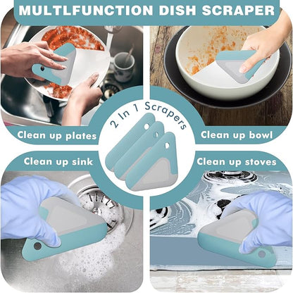 Food Scraper, 2-in-1 Pot and Pan Dish Scraper, Nylon and Silicone, Kitchen Scraper Tools for Cast Iron Skillets, Cookware, Dishes, Pans and Pots, Heat Resistant, Set of 3 - Blue