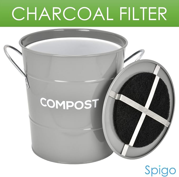 Indoor Kitchen Compost BIN, Great for Food Scraps, Includes Charcoal Filter for Odor Absorbing, Removable Clean Plastic Bucket, Handles, Durable Stainless Retro Design, 1 Gallon, Grey