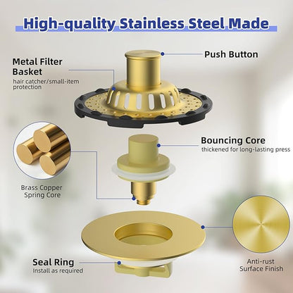 Metal 2 Pack Bathtub Drain Stopper with Top Hair Catcher, 3 in 1 Pop-up Bathtub Strainer, Tub Stopper with Detachable Stainless Steel Filter Basket for Standard 1.5 to 2.4'' Drain, Brushed Gold