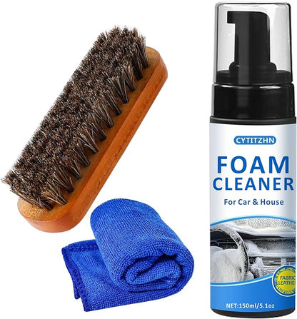 Car Interior Cleaner Kit – All-Purpose Foam Cleaner for Leather, Fabric, Vinyl, Plastic, Carpet & Upholstery | Deep Stain Remover | Includes Brush & Microfiber Towel – 5oz/150ml