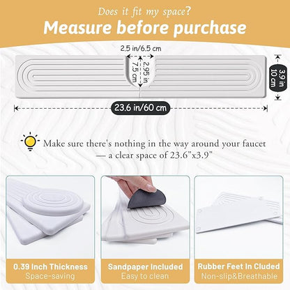 23.6" Faucet Mat for Kitchen Sink, Long Diatomite Fast Drying Stone Sink Tray, Super Absorbent, Prevents Moisture Buildup, Durable Protector for Kitchen Bathroom Counter, Gift for Housewarming, White
