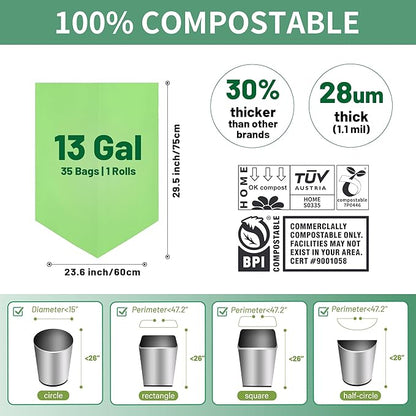 13 Gallon Trash Bags Compostable Compost Large Garbage Bag Extra Thick 1.1 Mil for Kitchen Bathroom BPI Certified 35 Counts, Green