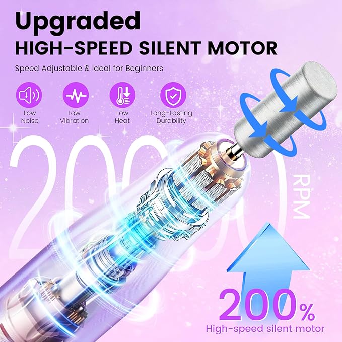 Nail Drill with Dust Collector Kit: 20000RPM Professional Electric Nail File for Acrylic Gel Removal, Manicure Pedicure Polishing, Complete Nail Tool Set in Cosmetic Bag for Home Beginners (Purple)