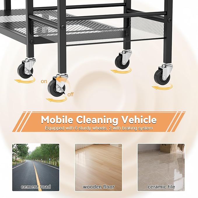 Heavy Duty Rolling Storage Cart & Cleaning Caddy - Freestanding Broom and Mop Organizer, 3-Tier Utility Cart on Wheels for Laundry Room Organization and Storage, Garage & Home Organization Bl