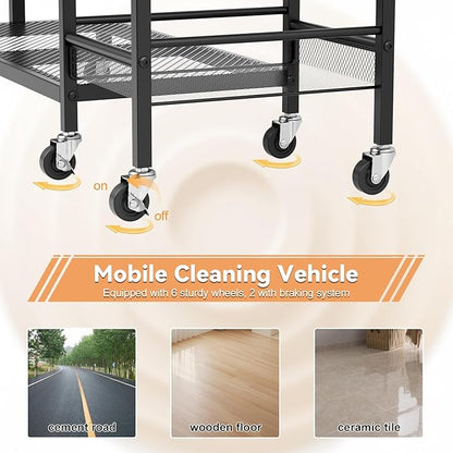 Heavy Duty Rolling Storage Cart & Cleaning Caddy - Freestanding Broom and Mop Organizer, 3-Tier Utility Cart on Wheels for Laundry Room Organization and Storage, Garage & Home Organization Bl