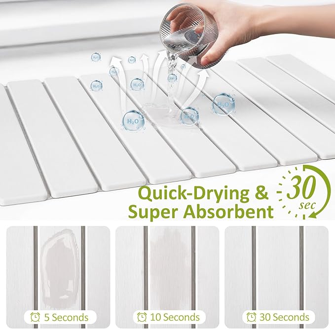 Large Stone Dish Drying Mat for Kitchen Counter, 24"(L)×16"(W), Collapsible Quick Dry Stone Dish Mats, Super Absorbent Diatomaceous Earth Drying Pad for Dishes Bottles Cups, Any Countertop (White)