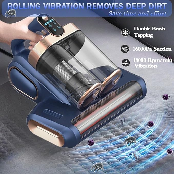 Cordless Double-Cup Mattress Cleaner, 18Kpa Suction 253.7nm UV-C Light & 80000Rpm Rotation Ultrasonic Tech, Portable Handheld Vacuum for Bed/Fabric Sofa/Carpet Cleaning(Blue)