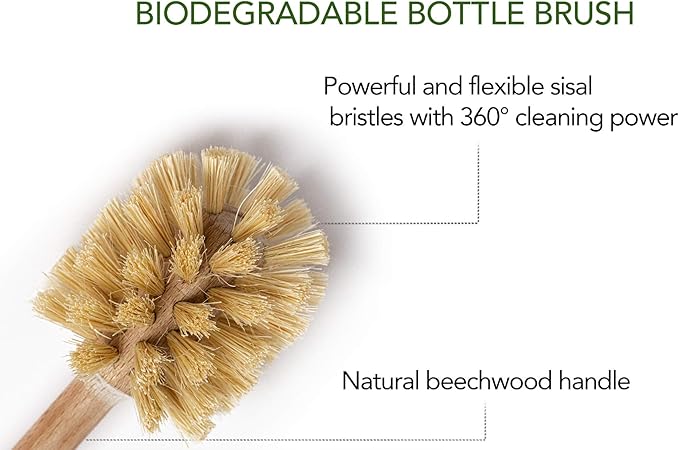 ECOLULU Bamboo Dish Brush Set & Wood Bottle Brush for Wide Mouth Bottles, Cups and Jars, (4 units total), Wooden Dish Brush, Biodegradable, Eco Friendly Products