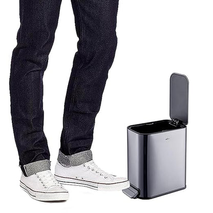 RED FACTOR Slim 1.3 Gallon Stainless Steel Pedal Trash Can with Soft Close Lid for Narrow Spaces – Small Wastebasket Bin with Removable Inner Bucket (Metallic Grey)